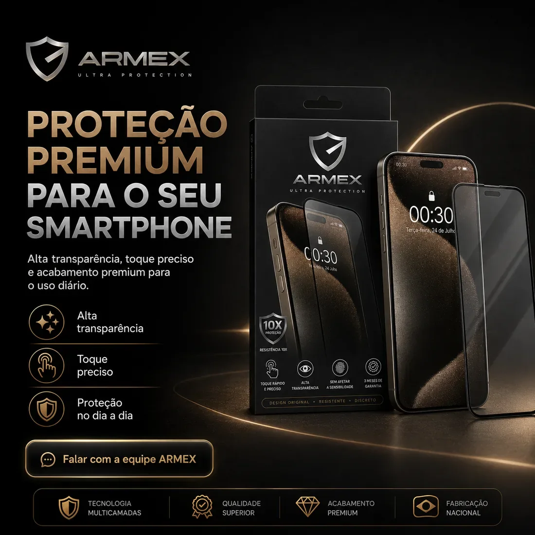 Película ARMEX Premium com embalagem e smartphone