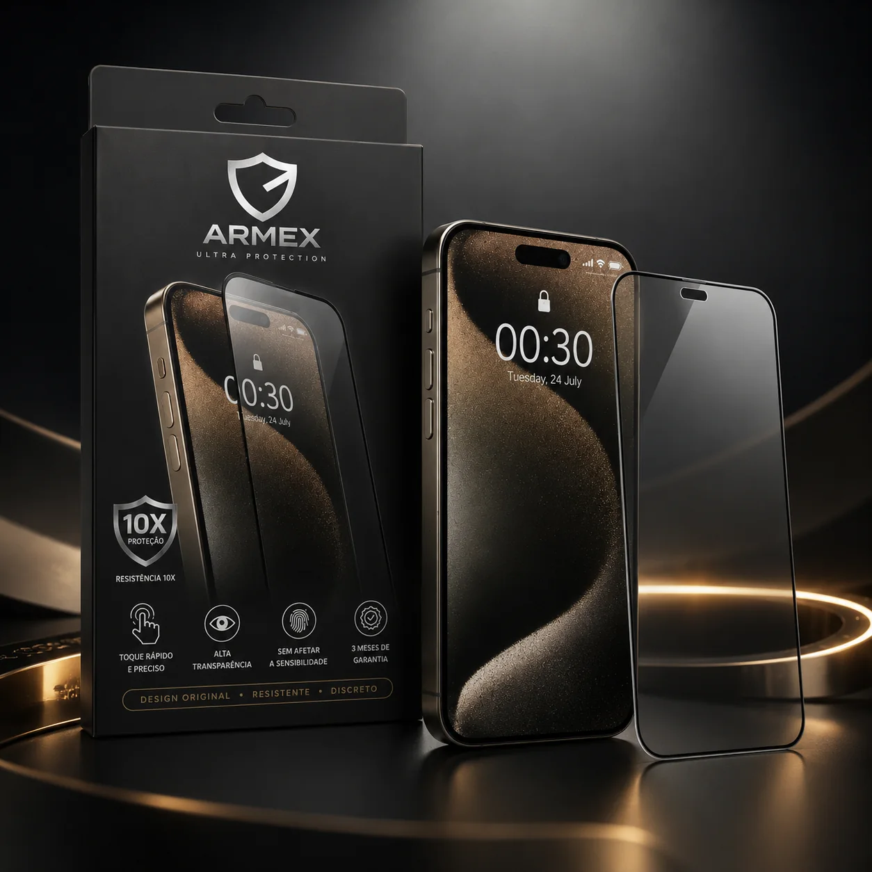 Visual premium da película ARMEX com smartphone e embalagem